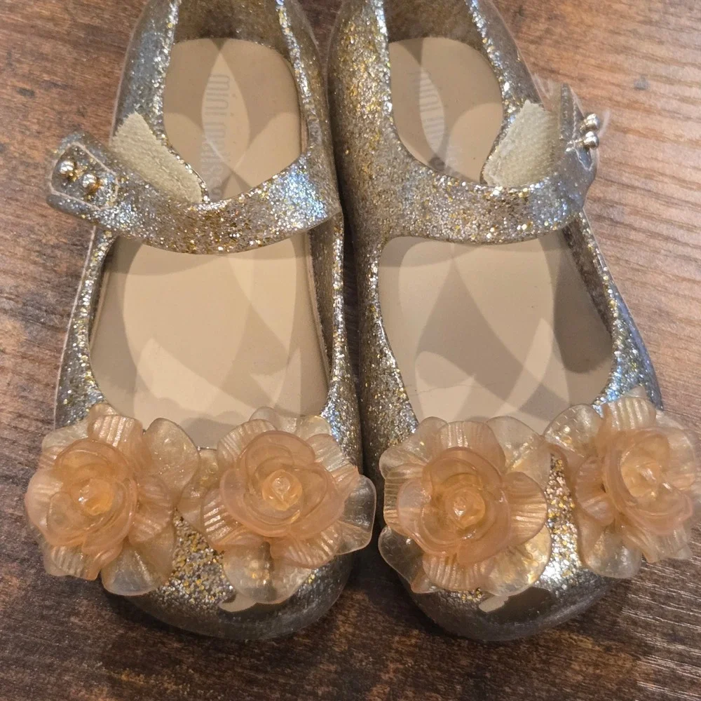 Mini Melissa Toddler Gold Glitter Mary Jane Jelly Shoes Floral Rose Size 6c 22EU